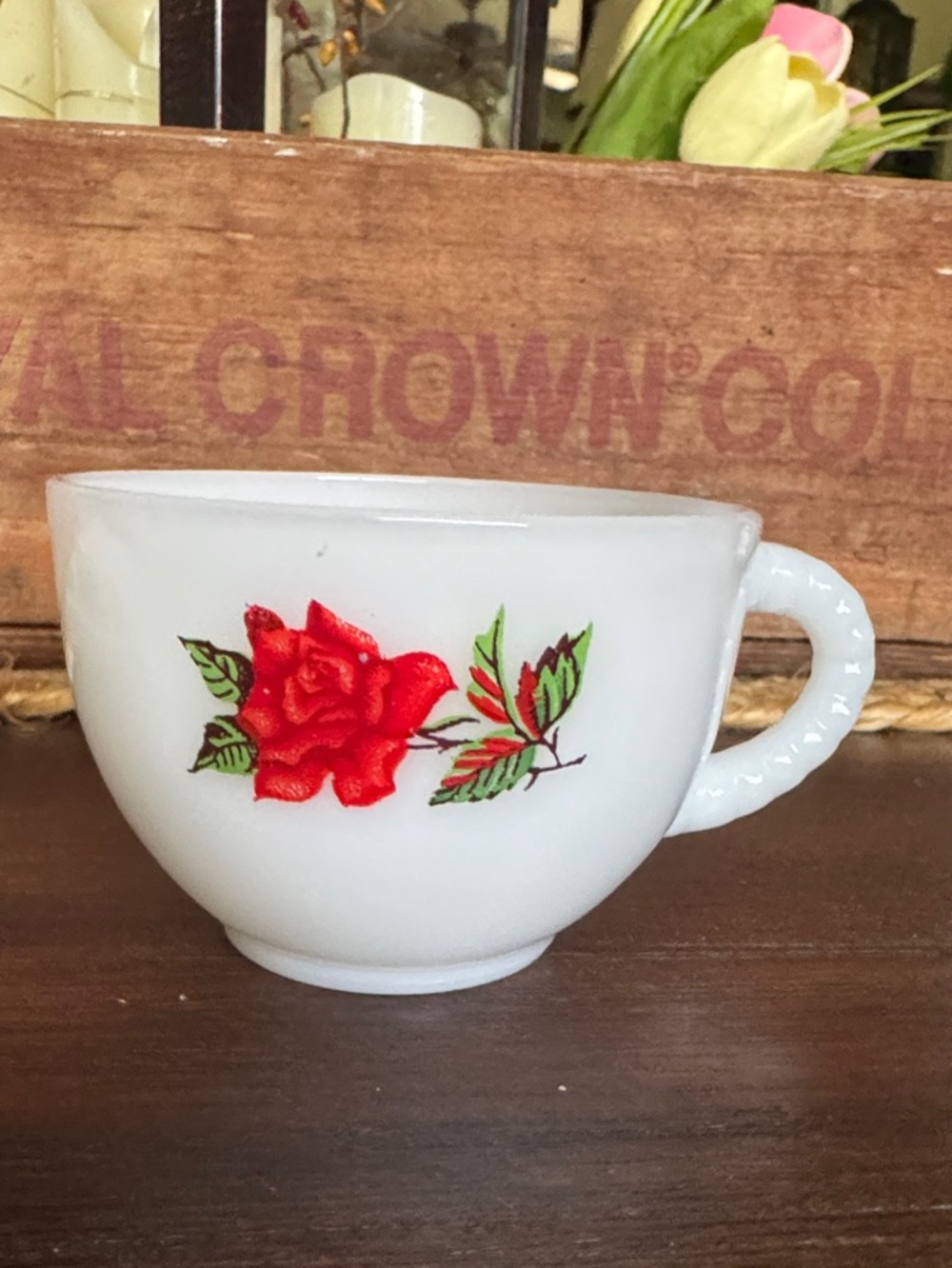 Vintage White Milk Glass Teacup with Red Rose Motif